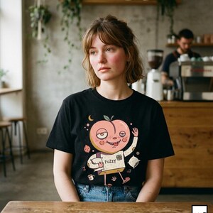 Fuzzy Peach T-Shirt | Lazy Morning Graphic Tee, Sleepy Coffee Lover Unisex Shirt