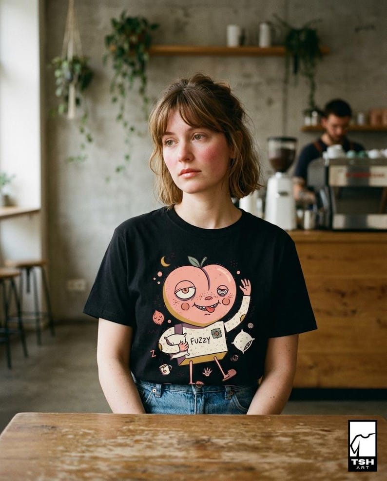 Fuzzy Peach T-Shirt | Lazy Morning Graphic Tee, Sleepy Coffee Lover Unisex Shirt