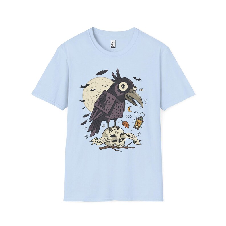 Halloween Raven Skull Shirt | Gothic Crow Graphic Tee | Full Moon T Shirt | Dark Academia Tattoo Flash Top | Spooky Season Fall Gift Tee Light Blue