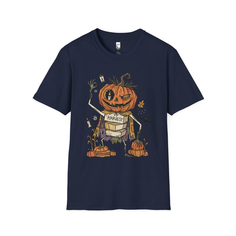 Camiseta Unissex com Estampa de Abóbora | Estampa de Abóbora de Halloween | Camiseta com Estampa de Colheita de Outono | Camiseta Assustadora com Abóbora Navy