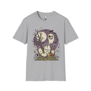 Unisex Graveyard T-Shirt | Spooky Halloween Print | Ghost and Full Moon Graphic Tee | Retro Graveyard T-Shirt Sport Grey