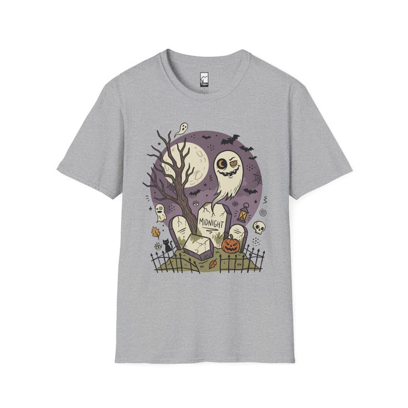 Unisex Graveyard T-Shirt | Spooky Halloween Print | Ghost and Full Moon Graphic Tee | Retro Graveyard T-Shirt Sport Grey