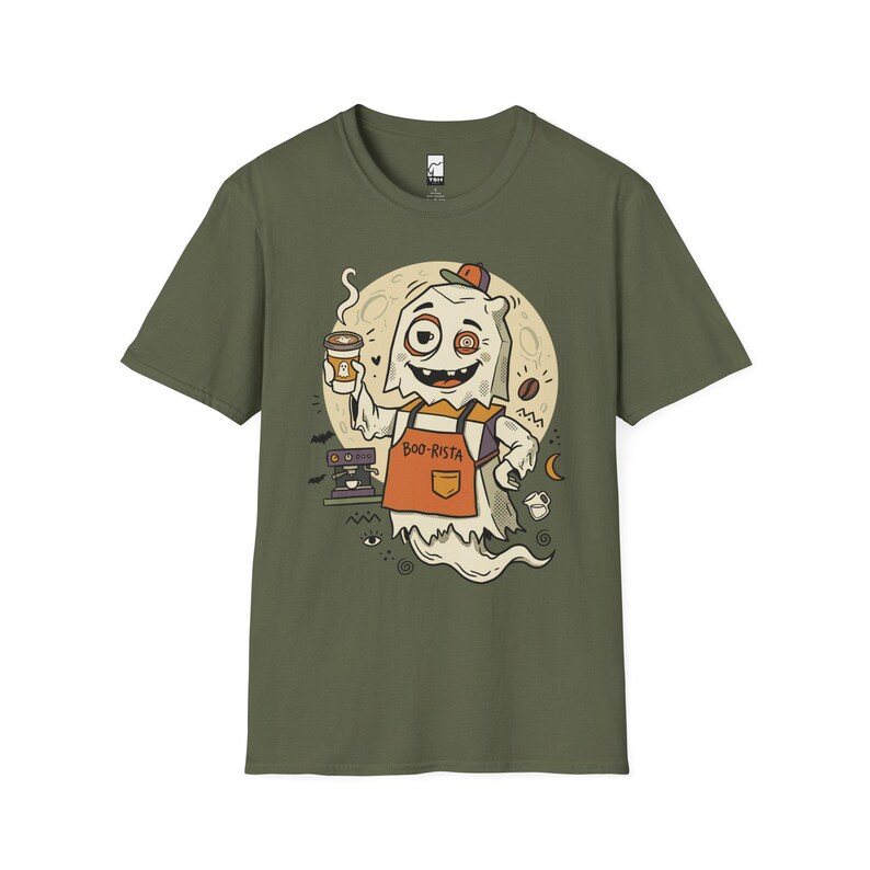 Halloween Ghost Coffee Shirt | Funny Barista Graphic Tee | Boo Rista T Shirt | Spooky Season Coffee Tee | Vintage Spooky Tee | Unisex Gift Military Green