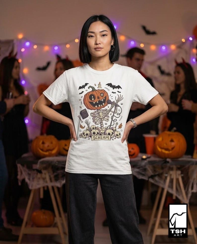 Scream Skeleton Halloween Shirt | Pumpkin Rocker T Shirt | Metal Horror Tee | Retro Fall Concert Top | Gothic Rock Clothes | Unisex Gift