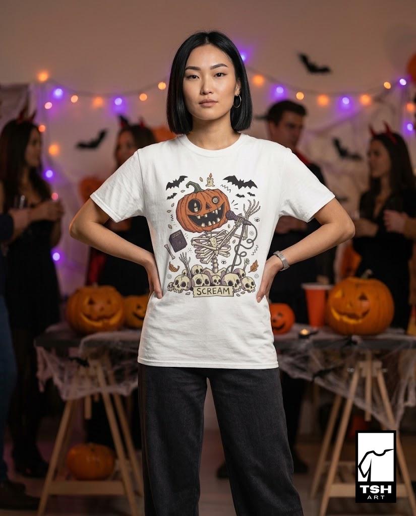 Scream Skeleton Halloween Shirt | Pumpkin Rocker T Shirt | Metal Horror Tee | Retro Fall Concert Top | Gothic Rock Clothes | Unisex Gift