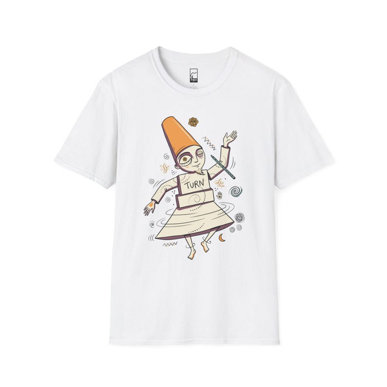 May include: A white short-sleeve t-shirt featuring a graphic illustration of a stylized figure wearing a tall orange hat and a layered skirt. The figure has the word TURN printed on its chest and is surrounded by small cosmic symbols and lines.