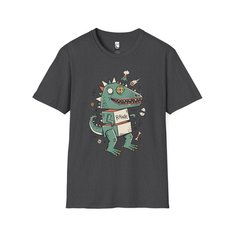 Funny RAWR T-Rex Shirt | Retro Dinosaur Graphic Tee, Kids Unisex Apparel Dark Heather