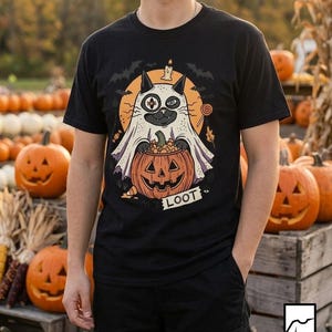 Ghost Cat Halloween Shirt | Spooky Kitten T Shirt | Cute Loot Graphic Tee | Retro Pumpkin Fall Top | Funny Cat Lover Clothes | Unisex Gift