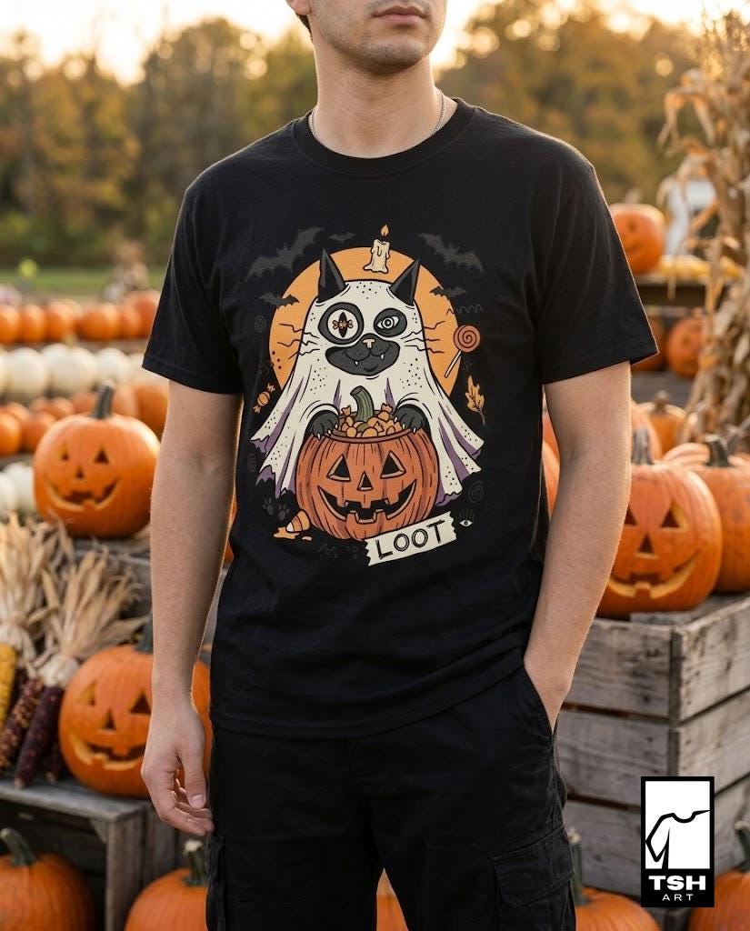 Ghost Cat Halloween Shirt | Spooky Kitten T Shirt | Cute Loot Graphic Tee | Retro Pumpkin Fall Top | Funny Cat Lover Clothes | Unisex Gift