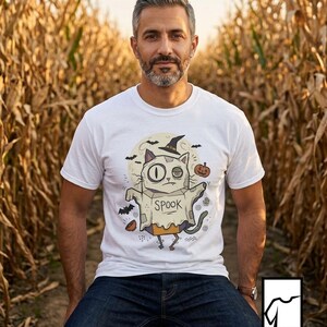 Halloween Cat Ghost Shirt | Funny Witch Cat Tee | Spooky Season Graphic T Shirt | Trick or Treat Costume Top | Cat Mom Gift | Fall Tee