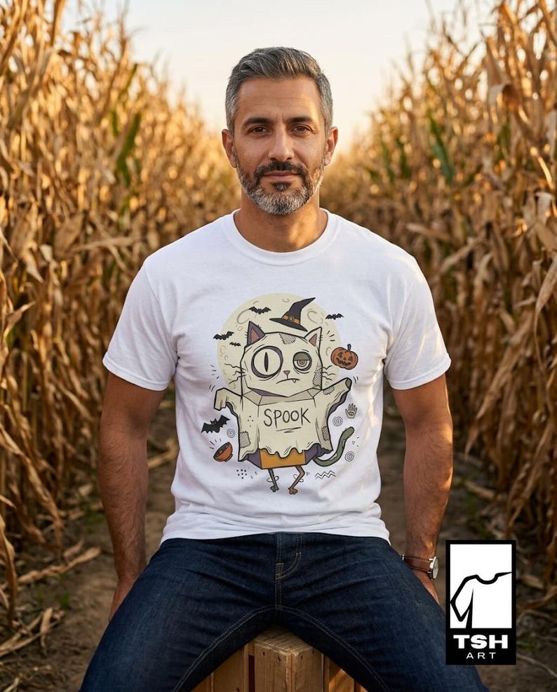 Halloween Cat Ghost Shirt | Funny Witch Cat Tee | Spooky Season Graphic T Shirt | Trick or Treat Costume Top | Cat Mom Gift | Fall Tee