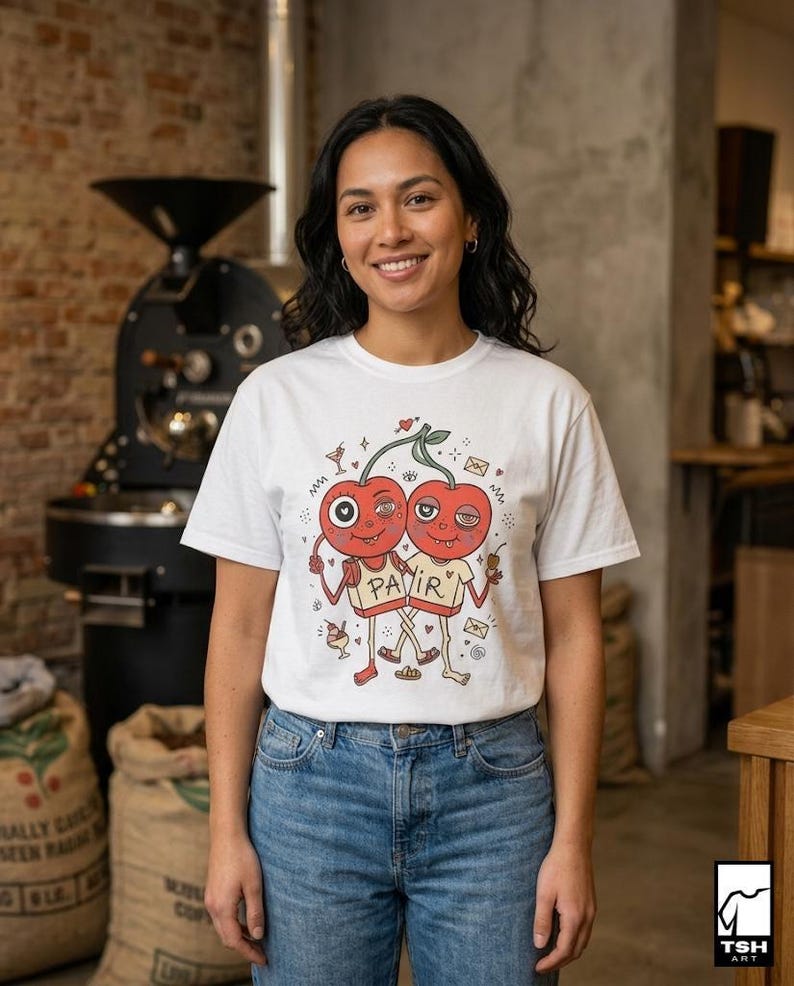 Cherry Pair T-Shirt | Quirky Couple Matching Graphic Tee, Valentine Anniversary Gift