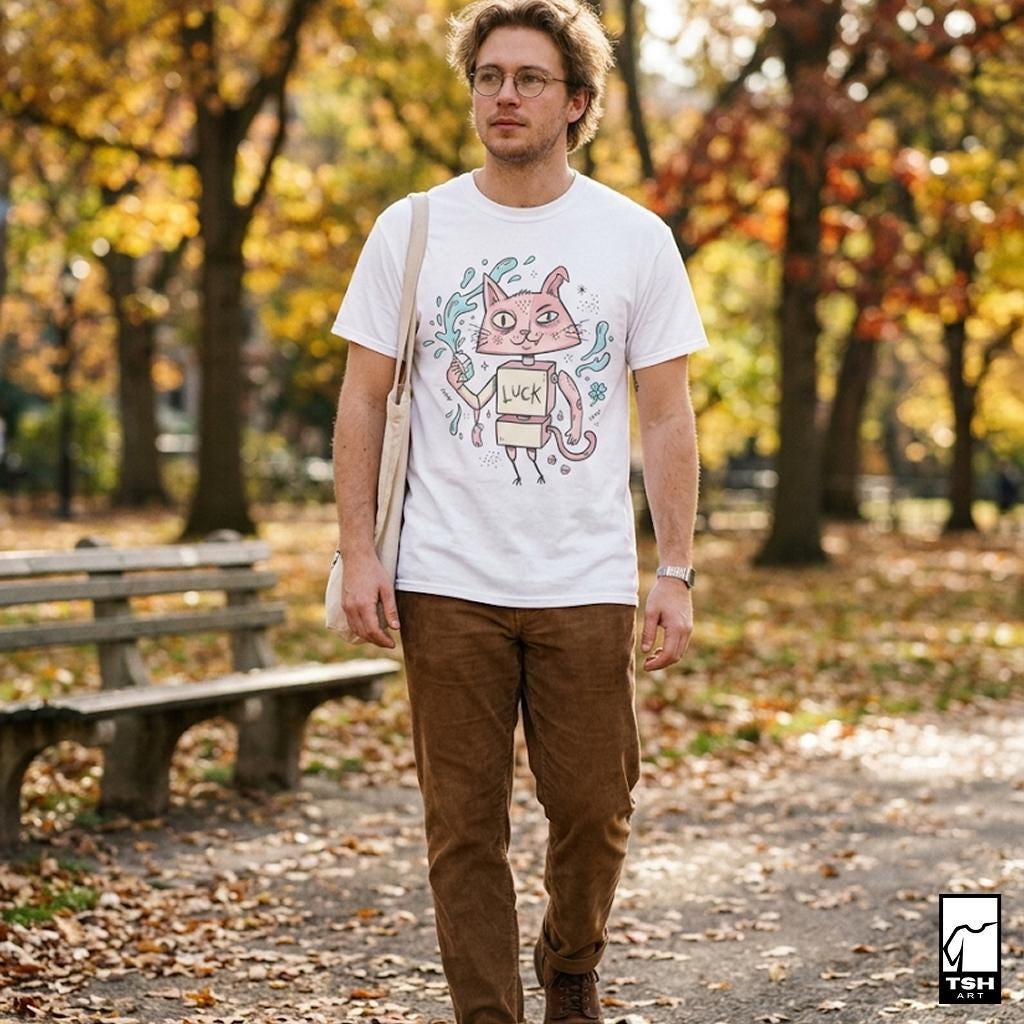 Surreal Robot Cat T-Shirt | Pink Lucky Cat Graphic Tee, Indie Lowbrow Art Shirt