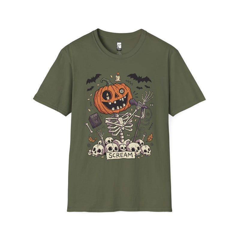 Scream Skeleton Halloween Shirt | Pumpkin Rocker T-shirt | Metal Horror Tee | Retro Herfstconcert Top | Gothic Rock Kleding | Unisex Cadeau Military Green