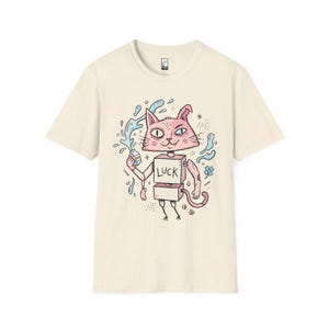 Maglietta con gatto robot surreale / Maglietta grafica con gatto rosa portafortuna, maglietta indie lowbrow art Natural