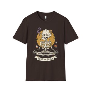 Skeleton Halloween Shirt | Rest In Peace Skull Tee | Full Moon Bat Graphic Tee | Yoga Meditation T Shirt | Vintage Spooky Tee | Unisex Gift Dark Chocolate