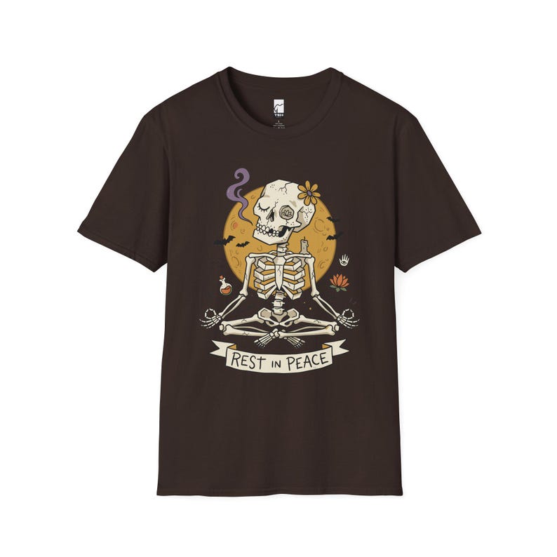Skeleton Halloween Shirt | Rest In Peace Skull Tee | Full Moon Bat Graphic Tee | Yoga Meditation T Shirt | Vintage Spooky Tee | Unisex Gift Dark Chocolate