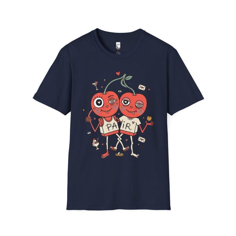 Cherry Pair T-Shirt | Quirky Couple Matching Graphic Tee, Valentine Anniversary Gift Navy
