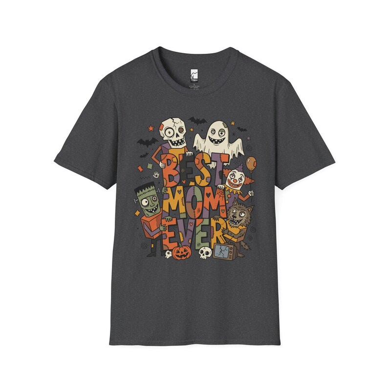 Bästa mamma någonsin Halloween-tröja | Spooky Mama T-shirt | Söt monstergrafik-tröja | Skräckmamma hösttopp | Retro läskiga kläder | Unisex present Dark Heather