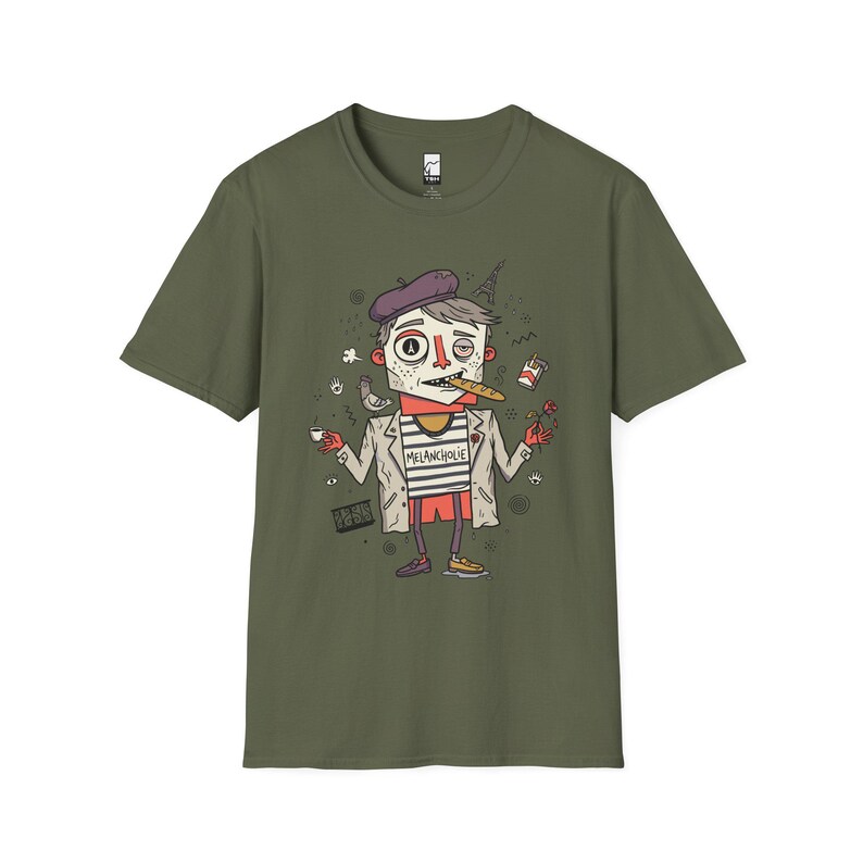Paris Melancholie T-Shirt | French Ennui Graphic Tee, Parisian Illustration Unisex Shirt Military Green