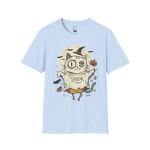 Halloween Cat Ghost Shirt | Funny Witch Cat Tee | Spooky Season Graphic T Shirt | Trick or Treat Costume Top | Cat Mom Gift | Fall Tee Light Blue