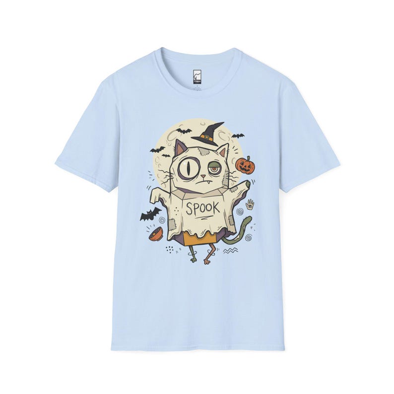 Halloween Cat Ghost Shirt | Funny Witch Cat Tee | Spooky Season Graphic T Shirt | Trick or Treat Costume Top | Cat Mom Gift | Fall Tee Light Blue