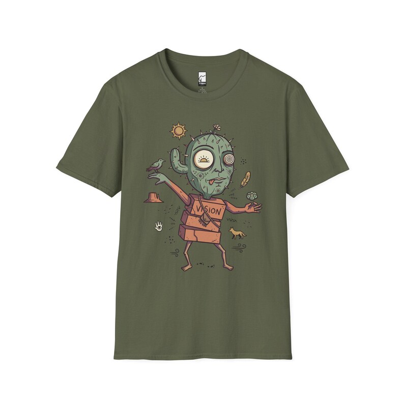 Psykedelisk kaktus-t-shirt | Desert Shaman Vision Quest grafisk t-shirt Military Green