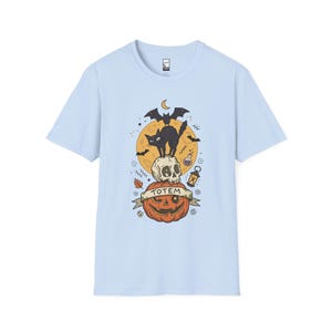 Halloween Black Cat Shirt | Skull Pumpkin Graphic Tee | Gothic Tattoo Flash T Shirt | Spooky Season Cat Lover Gift | Dark Academia Fall Top Light Blue