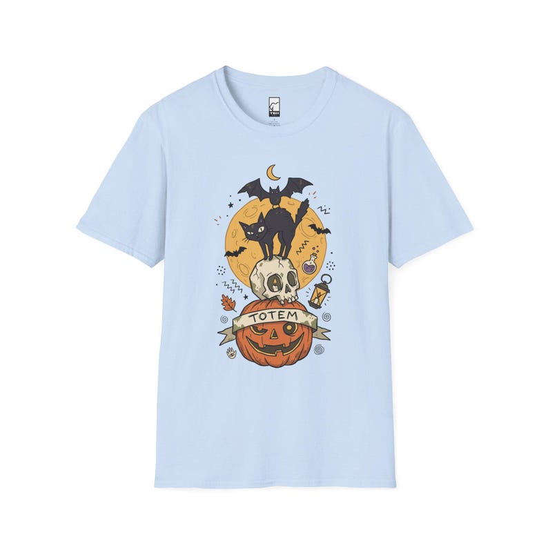 Halloween Black Cat Shirt | Skull Pumpkin Graphic Tee | Gothic Tattoo Flash T Shirt | Spooky Season Cat Lover Gift | Dark Academia Fall Top Light Blue