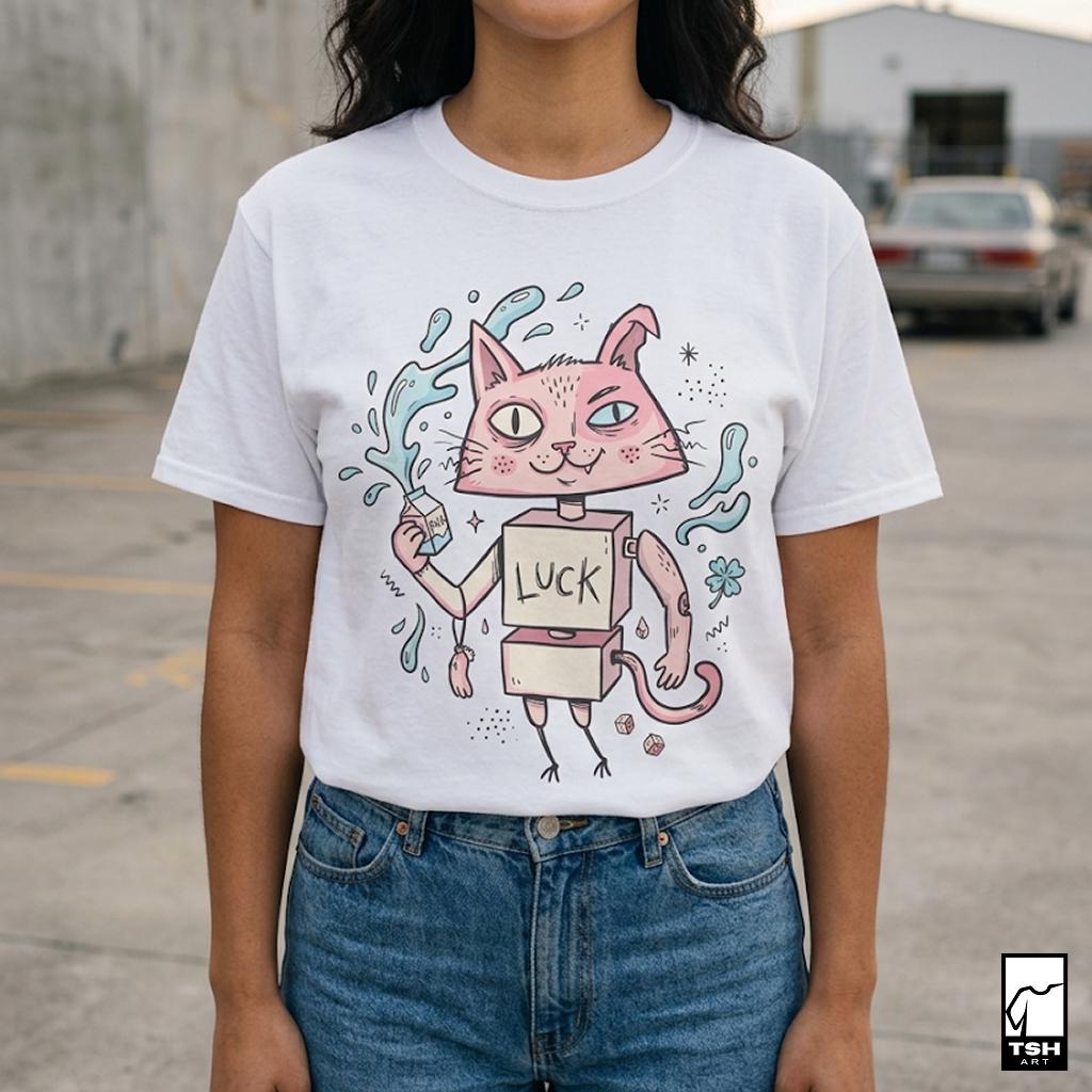 Surreal Robot Cat T-Shirt | Pink Lucky Cat Graphic Tee, Indie Lowbrow Art Shirt
