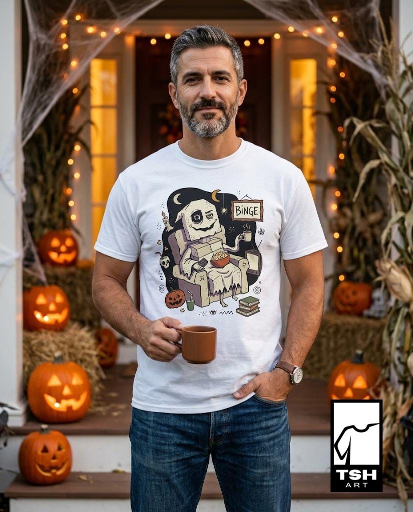 Cozy Halloween Ghost Shirt | Movie Night Graphic Tee | Spooky Season T Shirt | Autumn Binge Watching Tee | Vintage Cozy Tee | Unisex Gift