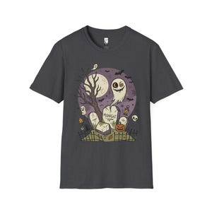 Unisex Graveyard T-Shirt | Spooky Halloween Print | Ghost and Full Moon Graphic Tee | Retro Graveyard T-Shirt Dark Heather