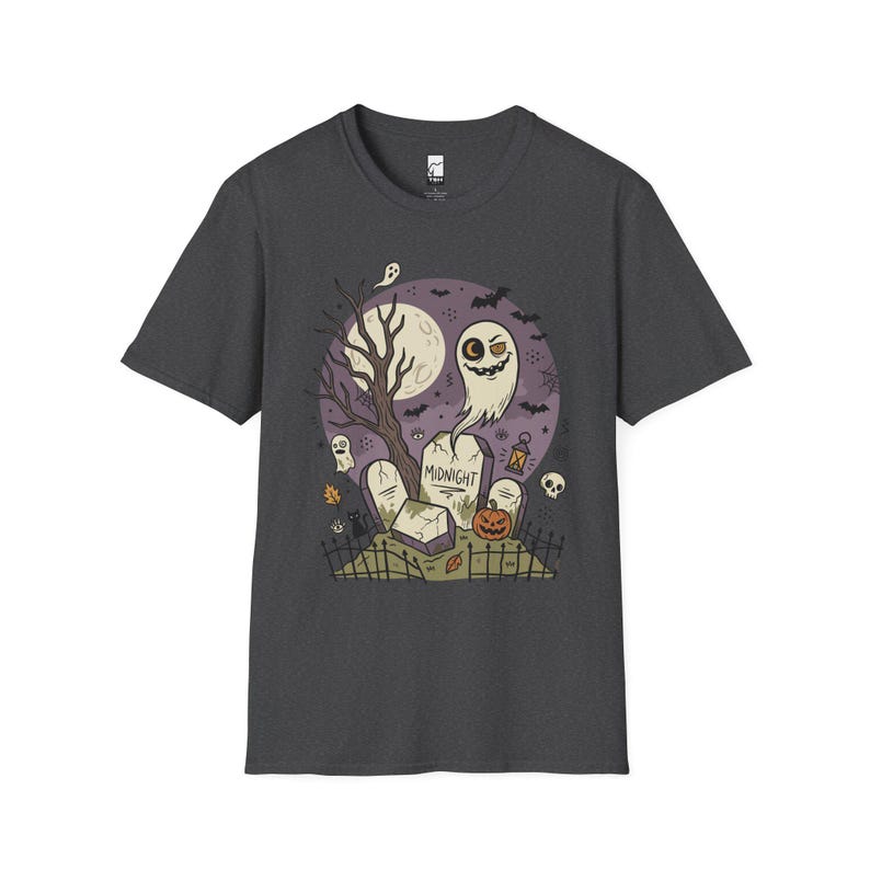 Unisex Graveyard T-Shirt | Spooky Halloween Print | Ghost and Full Moon Graphic Tee | Retro Graveyard T-Shirt Dark Heather