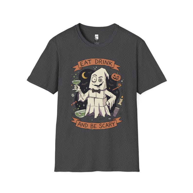 Eat Drink Ghost T-Shirt | Halloween Ghost Cocktail Tee Dark Heather