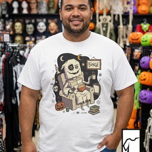 Cozy Halloween Ghost Shirt | Movie Night Graphic Tee | Spooky Season T Shirt | Autumn Binge Watching Tee | Vintage Cozy Tee | Unisex Gift