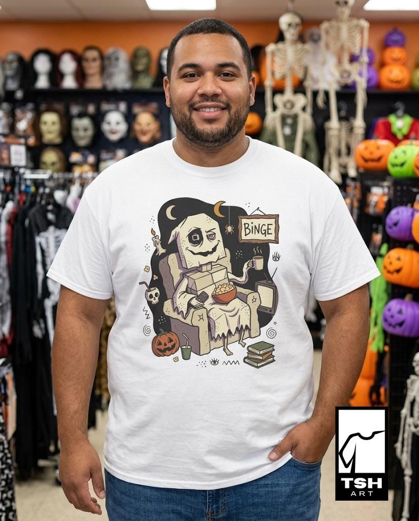 Cozy Halloween Ghost Shirt | Movie Night Graphic Tee | Spooky Season T Shirt | Autumn Binge Watching Tee | Vintage Cozy Tee | Unisex Gift