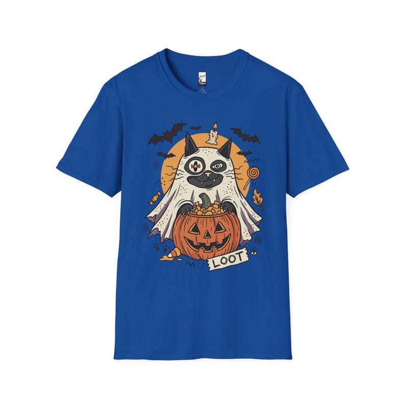Ghost Cat Halloween Shirt | Spooky Kitten T Shirt | Cute Loot Graphic Tee | Retro Pumpkin Fall Top | Funny Cat Lover Clothes | Unisex Gift Royal