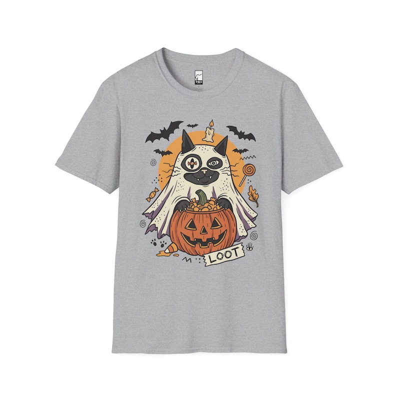 Ghost Cat Halloween Shirt | Spooky Kitten T Shirt | Cute Loot Graphic Tee | Retro Pumpkin Fall Top | Funny Cat Lover Clothes | Unisex Gift Sport Grey