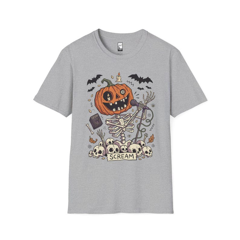 Scream Skeleton Halloween Shirt | Pumpkin Rocker T-shirt | Metal Horror Tee | Retro Herfstconcert Top | Gothic Rock Kleding | Unisex Cadeau Sport Grey