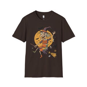 Unisex Witch T-Shirt | Retro Halloween Print | Flying Broomstick Graphic Tee | Vintage Witch T-Shirt Dark Chocolate