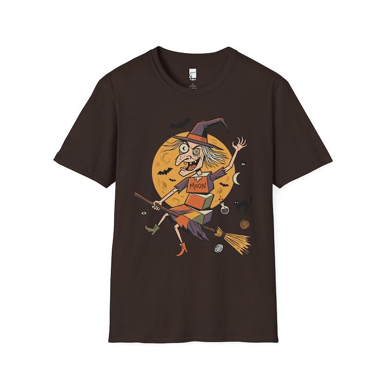 Unisex Witch T-Shirt | Retro Halloween Print | Flying Broomstick Graphic Tee | Vintage Witch T-Shirt Dark Chocolate