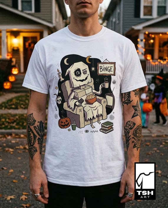 Cozy Halloween Ghost Shirt | Movie Night Graphic Tee | Spooky Season T Shirt | Autumn Binge Watching Tee | Vintage Cozy Tee | Unisex Gift