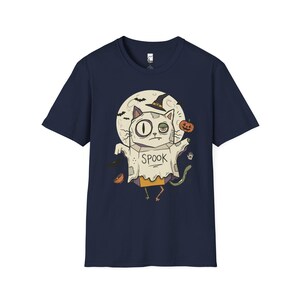 Halloween Cat Ghost Shirt | Funny Witch Cat Tee | Spooky Season Graphic T Shirt | Trick or Treat Costume Top | Cat Mom Gift | Fall Tee Navy