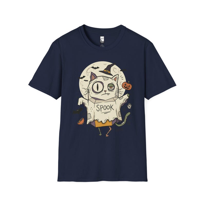 Halloween Cat Ghost Shirt | Funny Witch Cat Tee | Spooky Season Graphic T Shirt | Trick or Treat Costume Top | Cat Mom Gift | Fall Tee Navy
