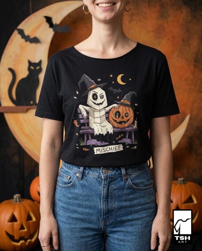 Cute Ghost Pumpkin Shirt | Witch Hat Halloween T Shirt | Spooky Season Graphic Tee | Best Friends Fall Tee | Retro Spooky Tee | Unisex Gift