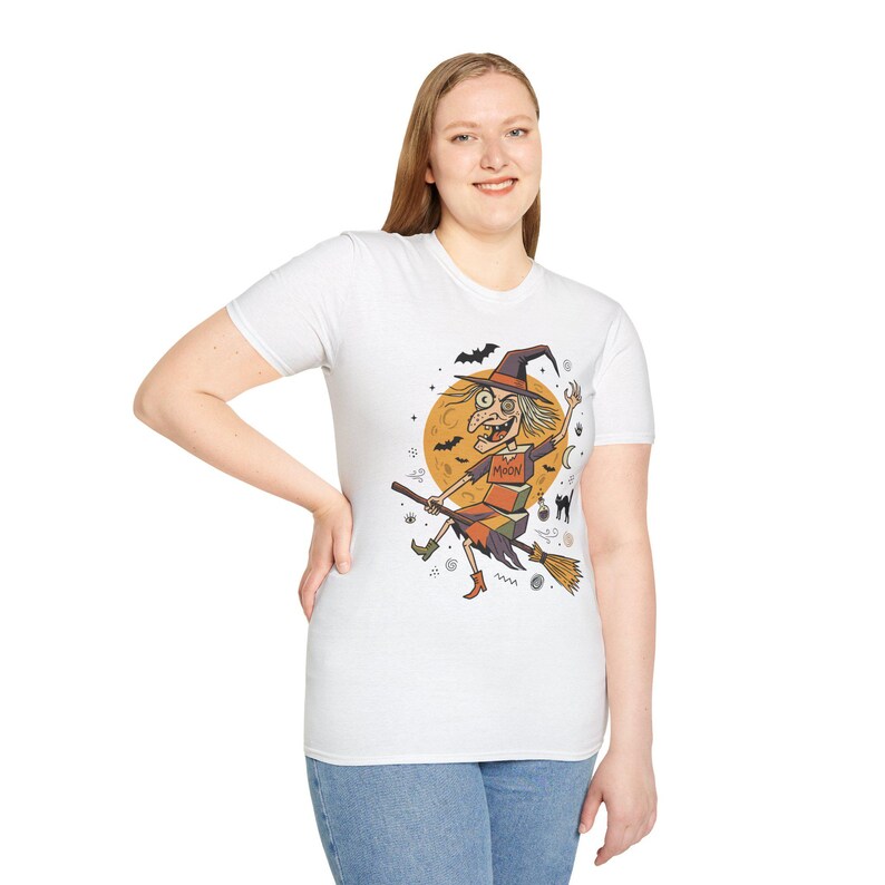 Unisex Witch T-Shirt | Retro Halloween Print | Flying Broomstick Graphic Tee | Vintage Witch T-Shirt image 18