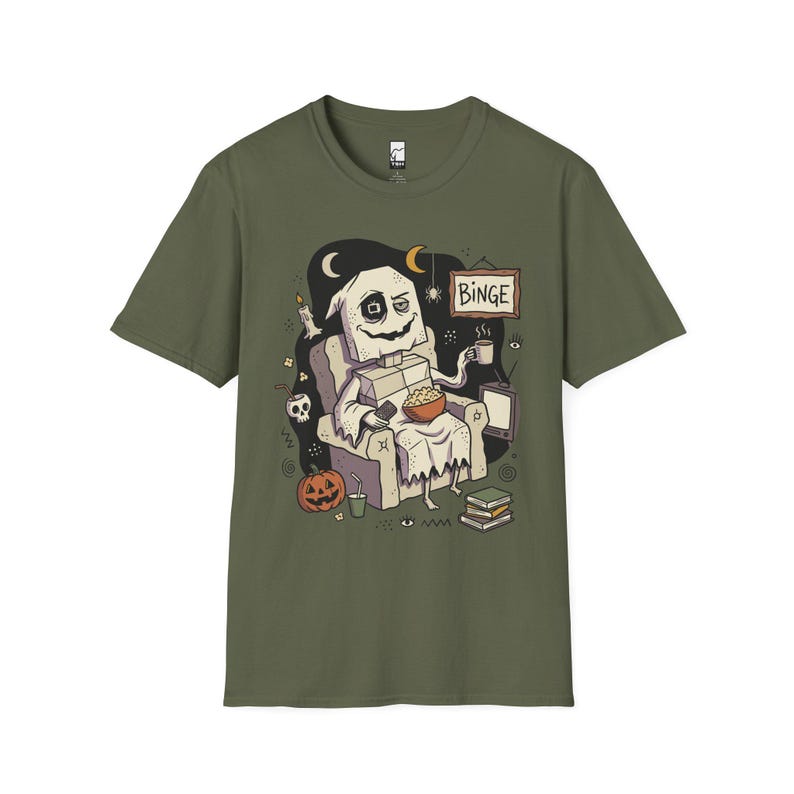 Cozy Halloween Ghost Shirt | Movie Night Graphic Tee | Spooky Season T Shirt | Autumn Binge Watching Tee | Vintage Cozy Tee | Unisex Gift Military Green
