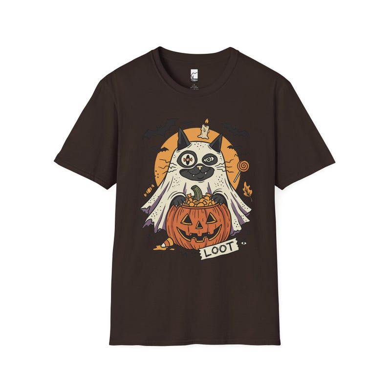 Ghost Cat Halloween Shirt | Spooky Kitten T Shirt | Cute Loot Graphic Tee | Retro Pumpkin Fall Top | Funny Cat Lover Clothes | Unisex Gift Dark Chocolate