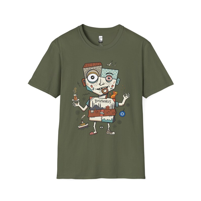 Istanbul Bosphorus Cat Tea Graphic Tee | Turkish Street Cat Unisex Shirt Military Green