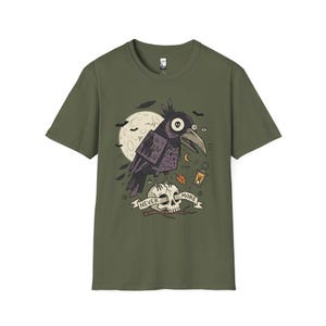 Halloween Raven Skull Shirt | Gothic Crow Graphic Tee | Full Moon T Shirt | Dark Academia Tattoo Flash Top | Spooky Season Fall Gift Tee Military Green